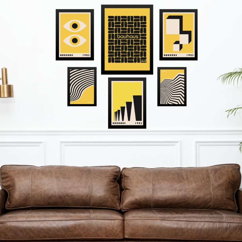 Kit Composição 6 Quadros Artes Bauhaus Preto e Amarelo