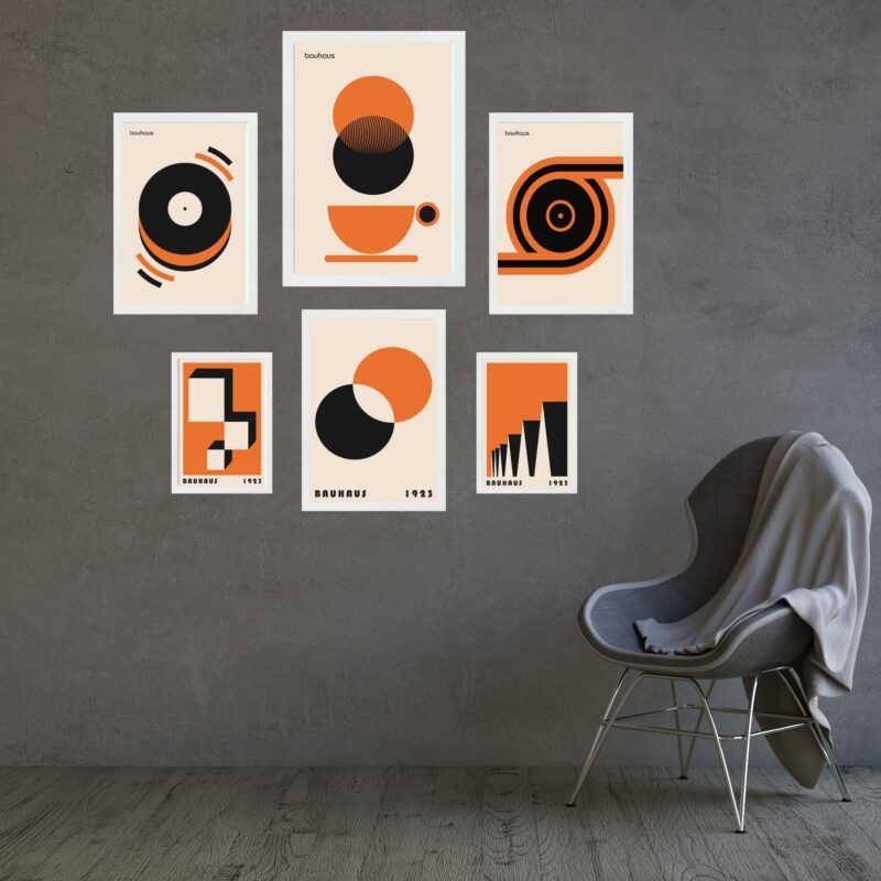 Kit Composição 6 Quadros Bauhaus Laranja e Preto