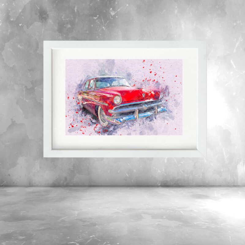 Quadro Aquarela Carro Antigo Vermelho - 60x48 Cm