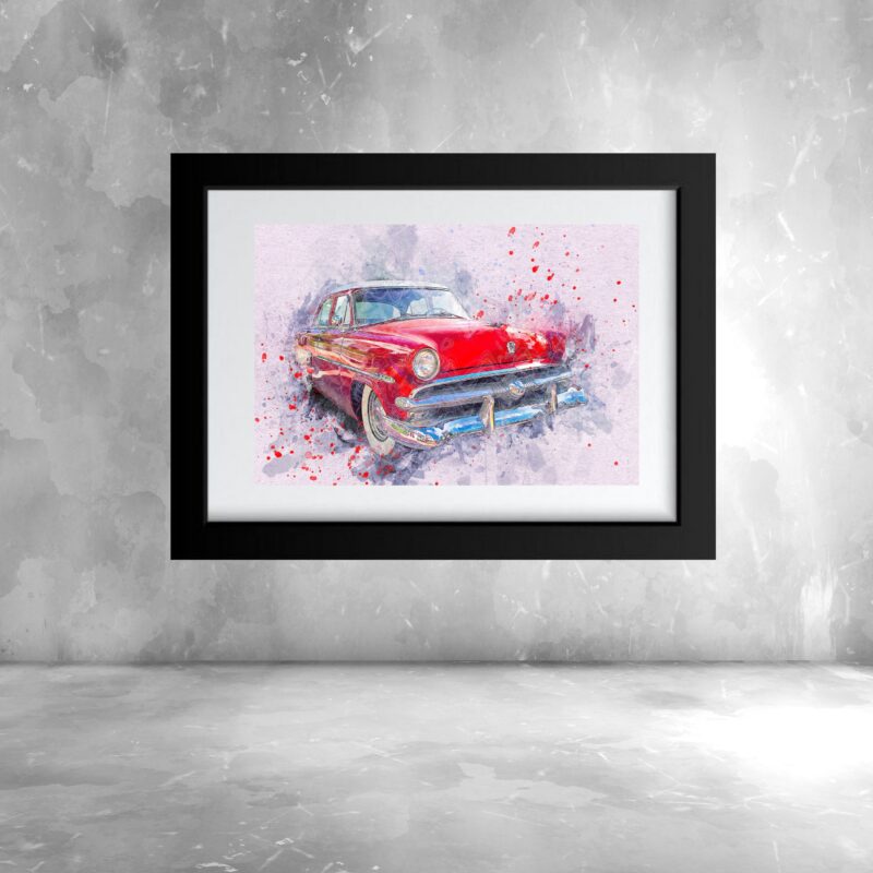 Quadro Aquarela Carro Antigo Vermelho - 60x48 Cm