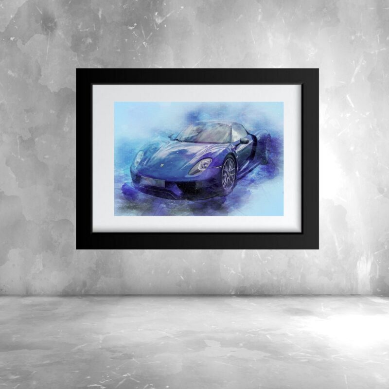 Quadro Aquarela Carro Esportivo Azul- 60x48 Cm