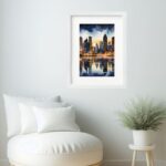 Quadro Aquarela Paisagem Noturna Cidade- 60x48 Cm