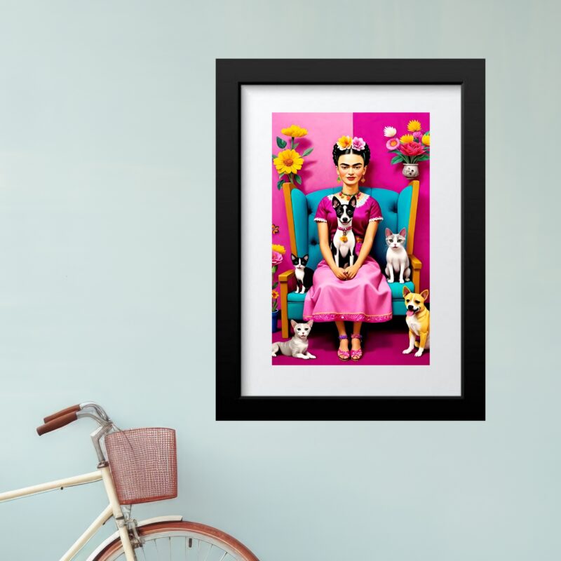 Quadro Frida Com Gatos e Cachorros - 60x48 Cm