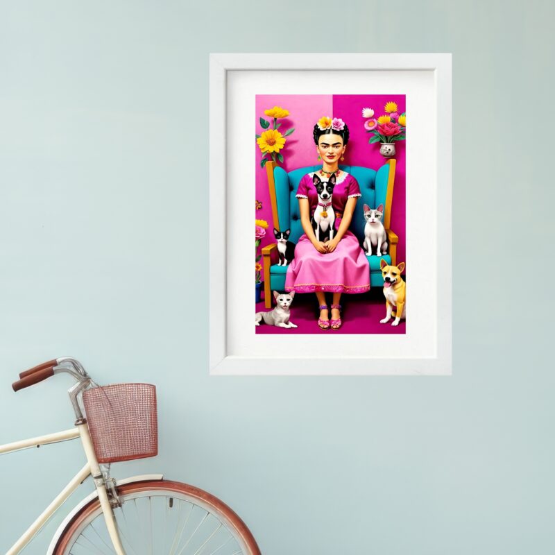 Quadro Frida Com Gatos e Cachorros - 60x48 Cm
