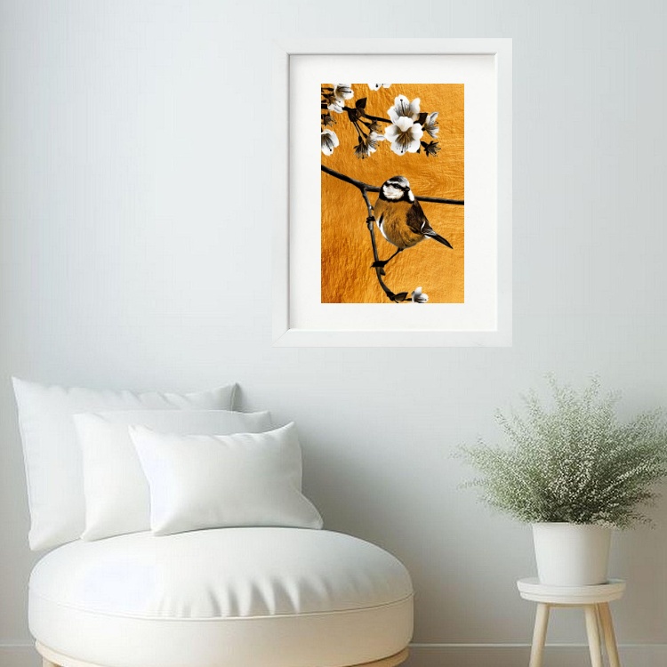 Quadro Pássaro Flor De Cerejeira- 60x48 Cm