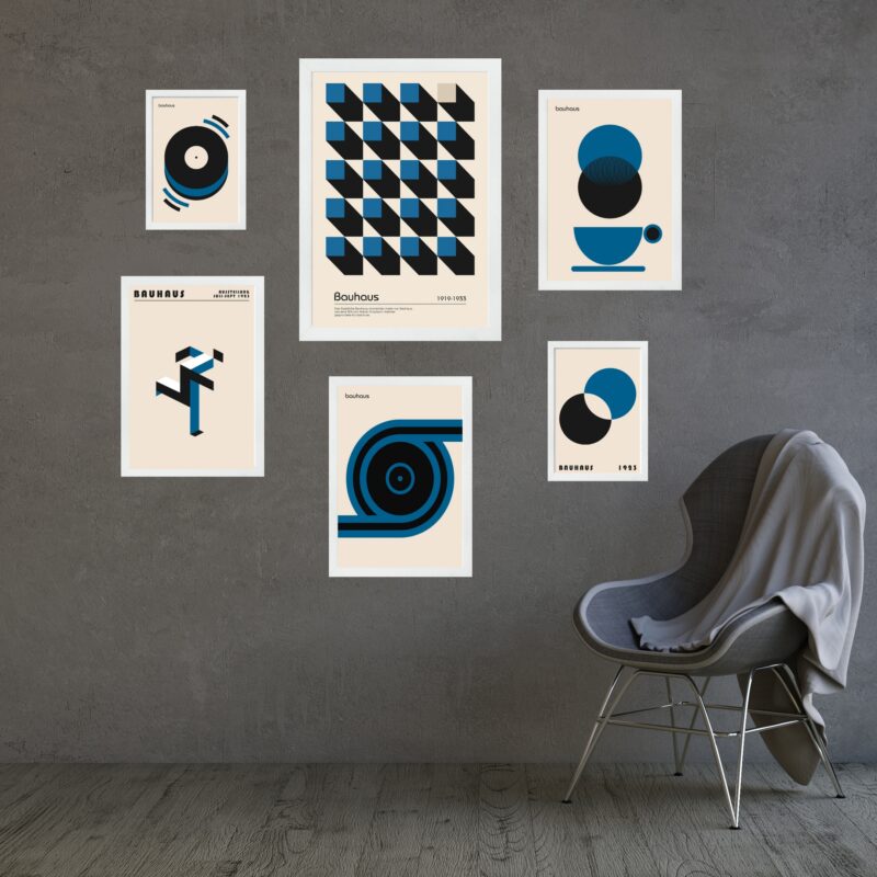 Composição 6 Quadros Artes Bauhaus Azuis e Bege