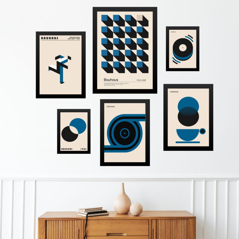 Composição 6 Quadros Artes Bauhaus Azuis e Bege