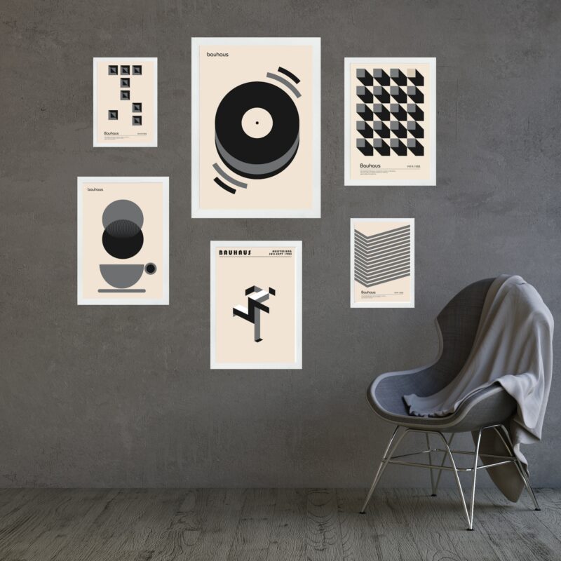 Composição 6 Quadros Modernos Bauhaus Cinza e Bege