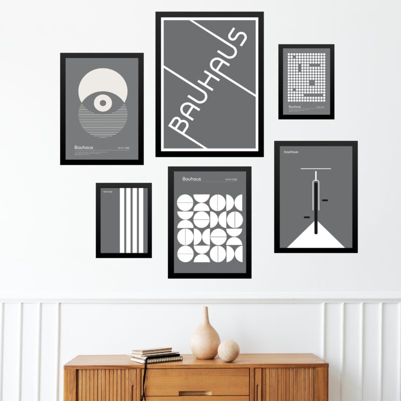 Composição 6 Quadros Modernos Bauhaus Cinza e Branco