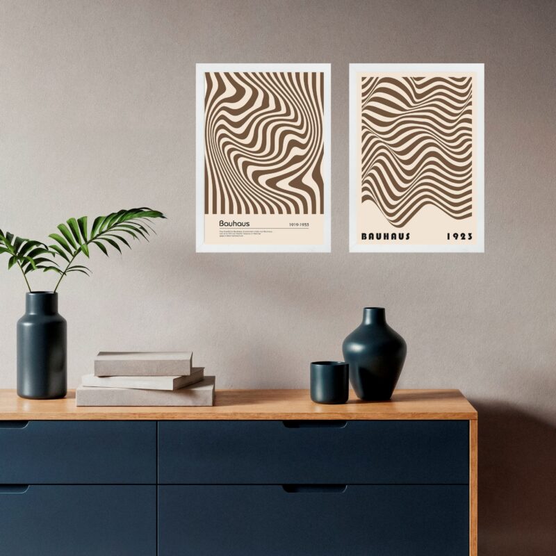 Kit 2 Quadros Bauhaus Ondas Marrom e Bege