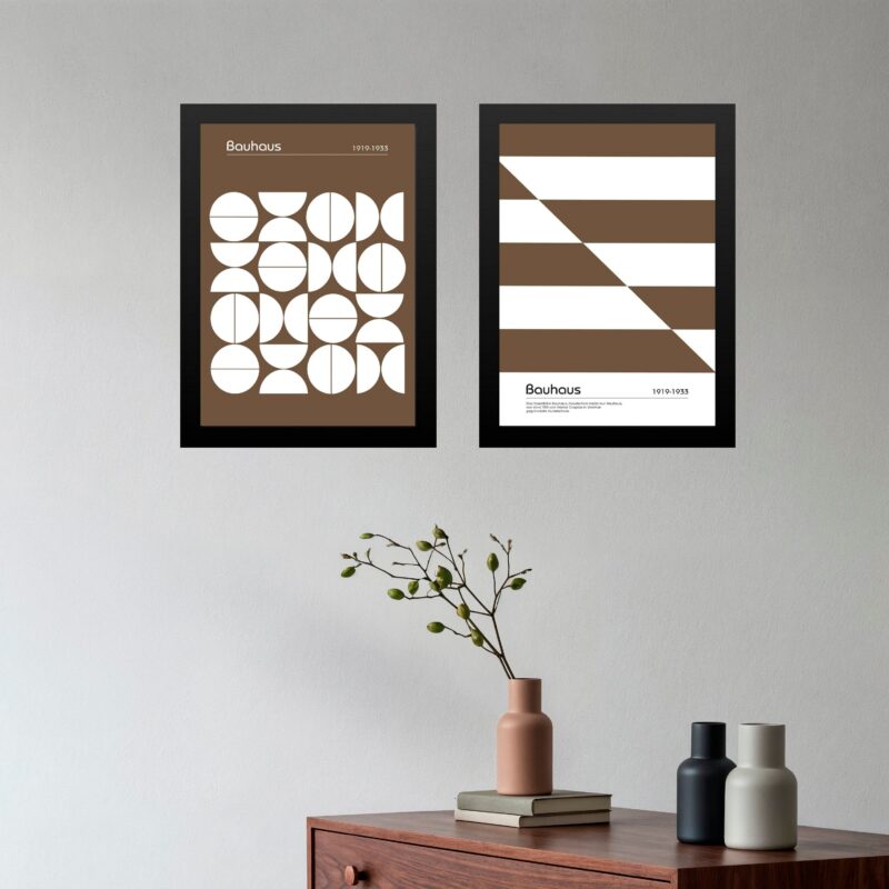 Kit 2 Quadros Abstratos Bauhaus - Marrom e Branco