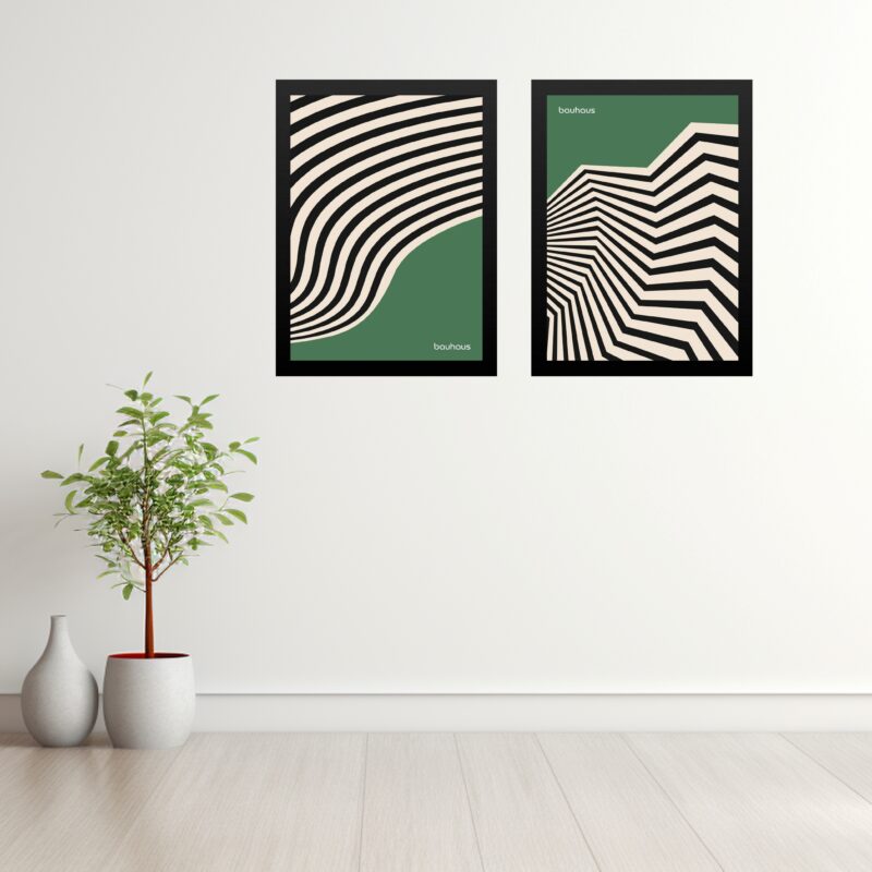 Kit 2 Quadros Abstratos Bauhaus Verde e Preto