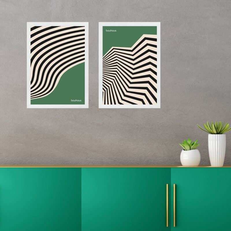Kit 2 Quadros Abstratos Bauhaus Verde e Preto