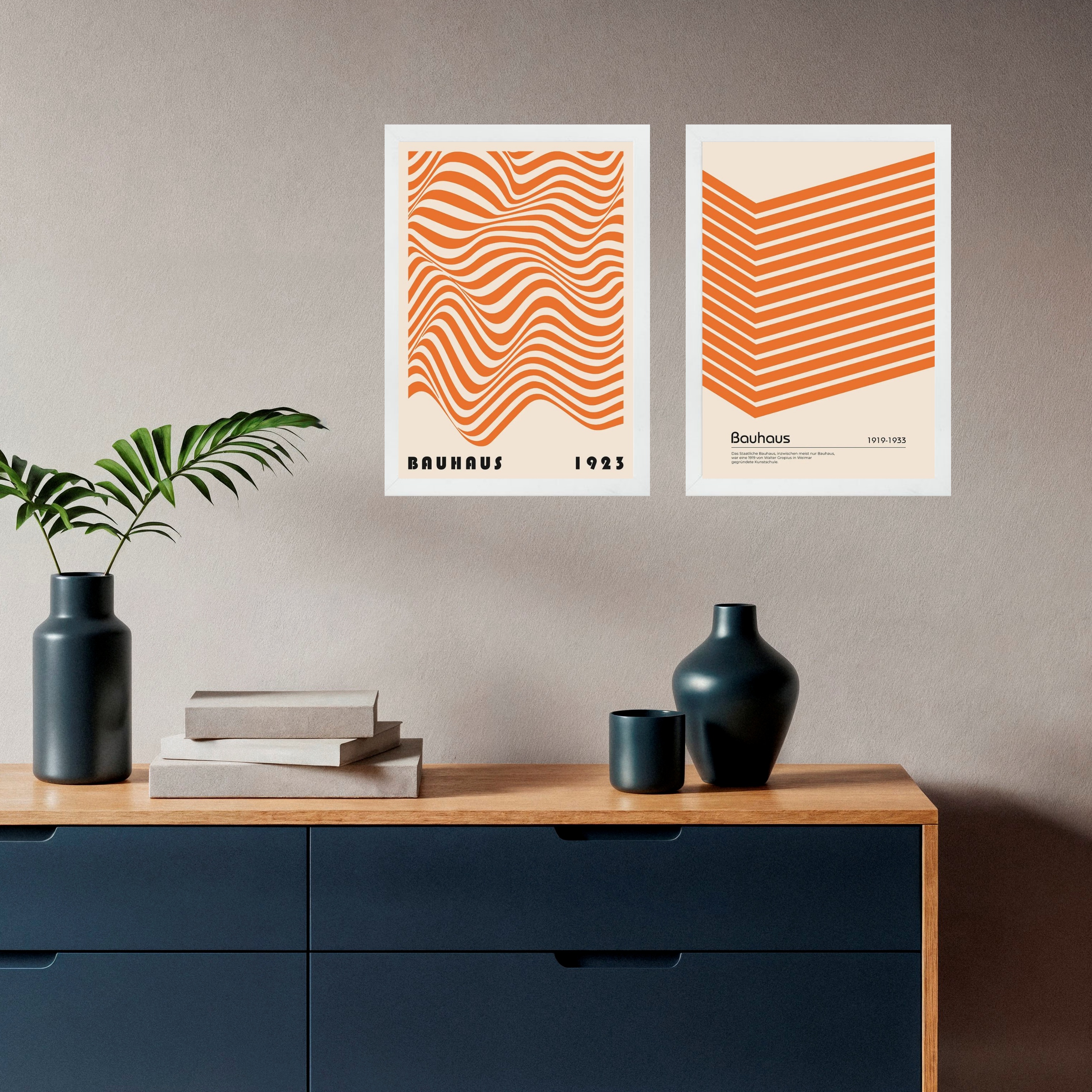 Kit 2 Quadros Abstratos Laranja e Bege - Bauhaus