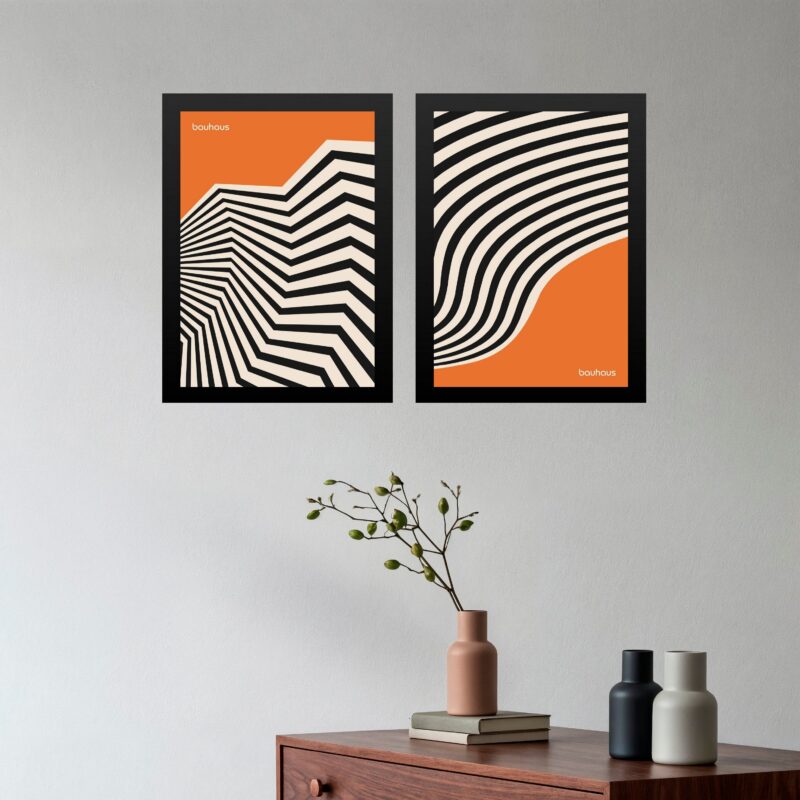 Kit 2 Quadros Abstratos Laranja e Preto - Bauhaus Curvas
