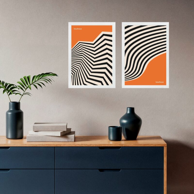 Kit 2 Quadros Abstratos Laranja e Preto - Bauhaus Curvas