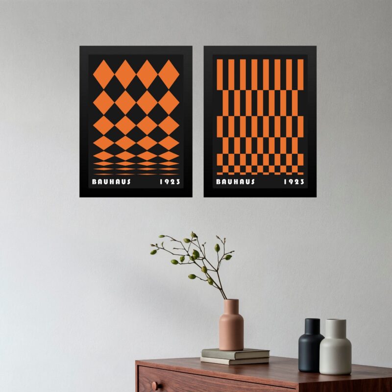 Kit 2 Quadros Abstratos Preto e Laranja - Bauhaus
