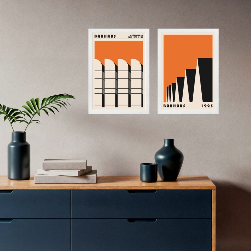 Kit 2 Quadros Arquitetura Laranja - Bauhaus
