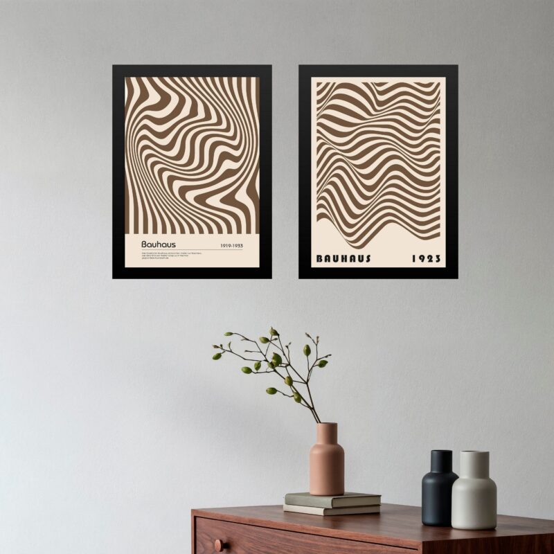 Kit 2 Quadros Bauhaus Ondas Marrom e Bege