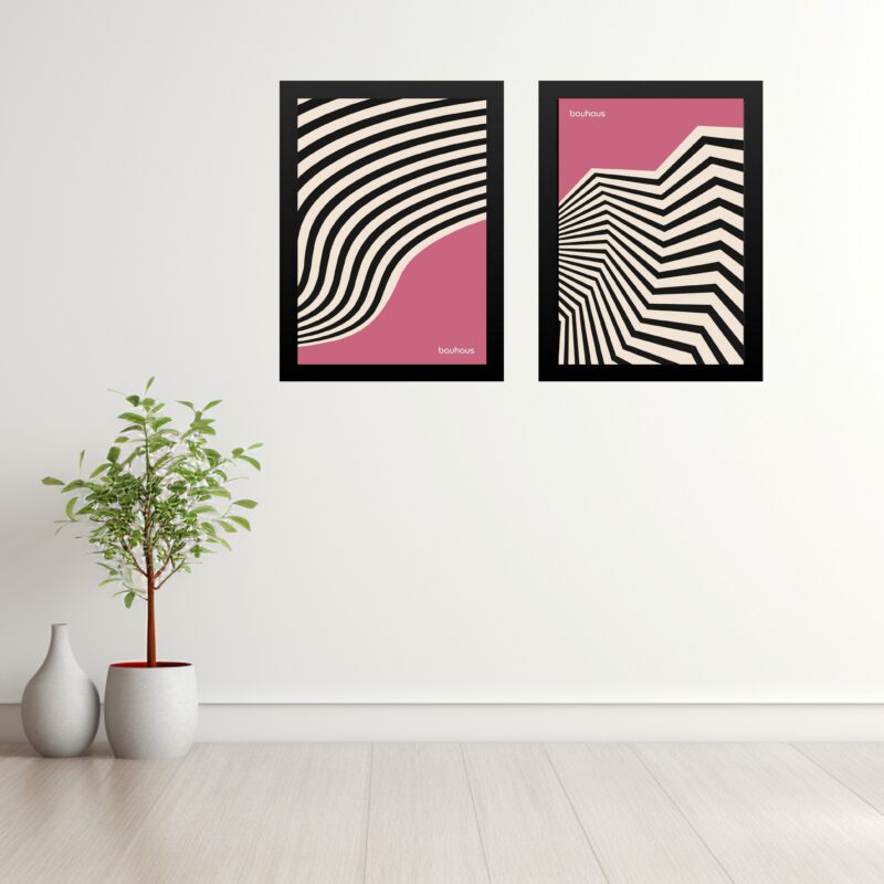 Kit 2 Quadros Bauhaus Rosa e Preto - Curvas