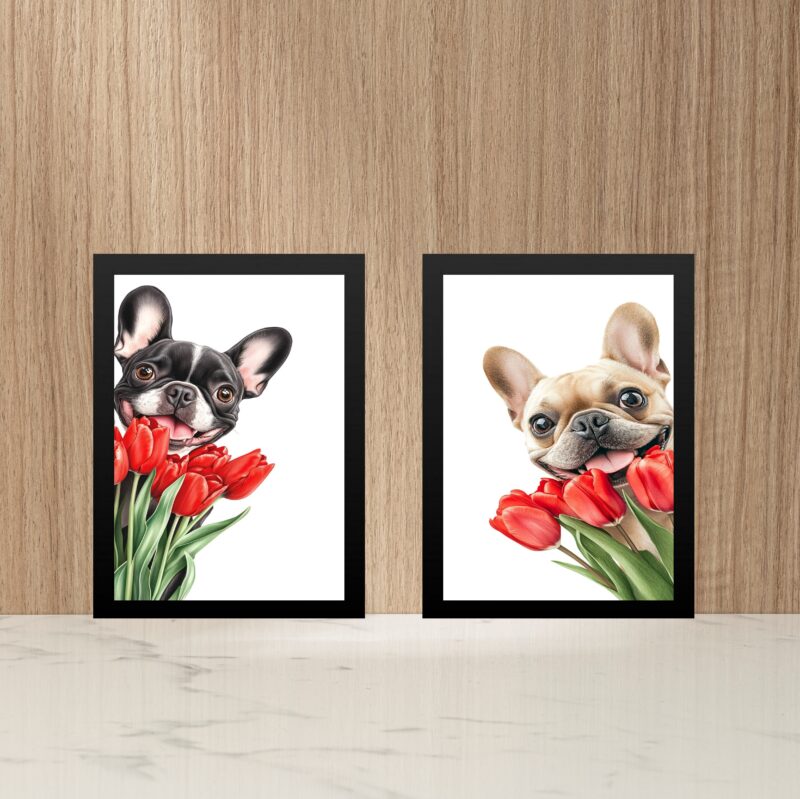 Kit 2 Quadros Bulldogs Francês Buquê de Flores
