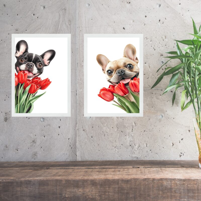 Kit 2 Quadros Bulldogs Francês Buquê de Flores