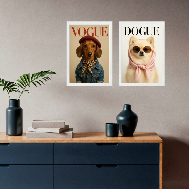 Kit 2 Quadros Cães Fashion - Capa de Revista