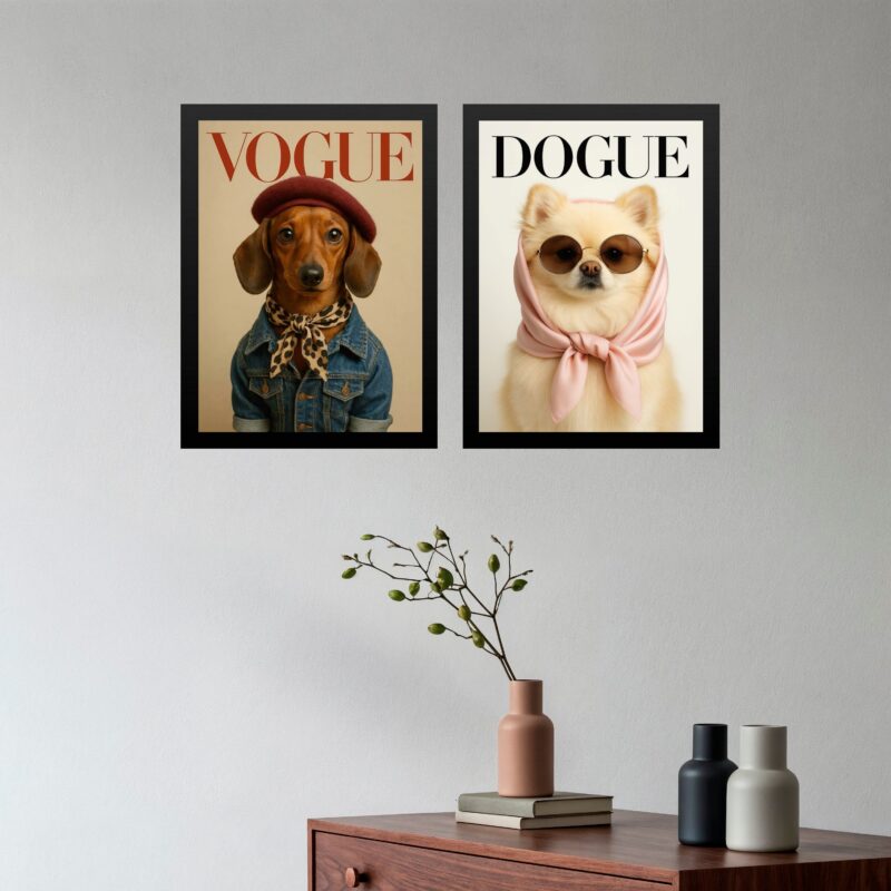Kit 2 Quadros Cães Fashion - Capa de Revista