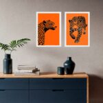 Kit 2 Quadros Decorativos Leopardo Laranja