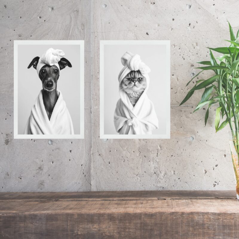 Kit 2 Quadros Divertidos Para Banheiro Cachorrinha e Gatinha