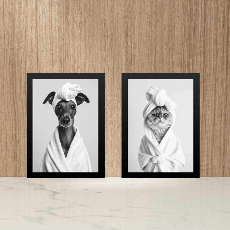Kit 2 Quadros Divertidos Para Banheiro Cachorrinha e Gatinha