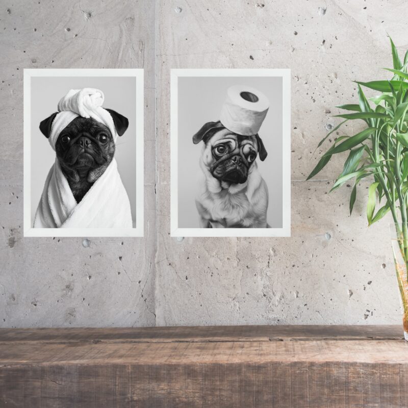 Kit 2 Quadros Divertidos Para Banheiro Cães Pug