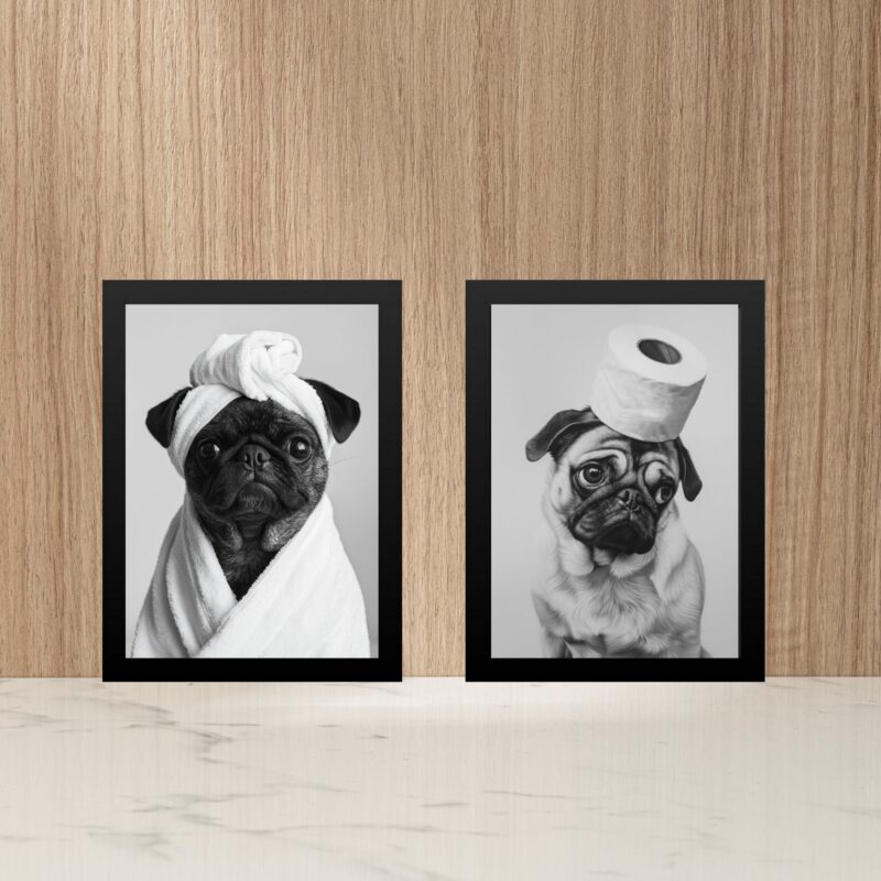 Kit 2 Quadros Divertidos Para Banheiro Cães Pug