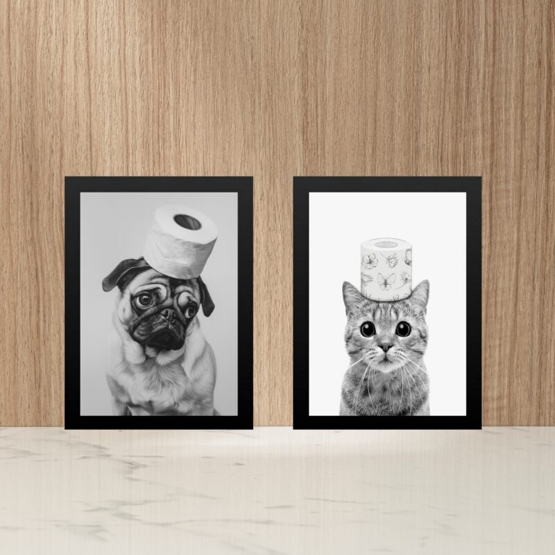 Kit 2 Quadros Divertidos Para Banheiro Cão e Gato