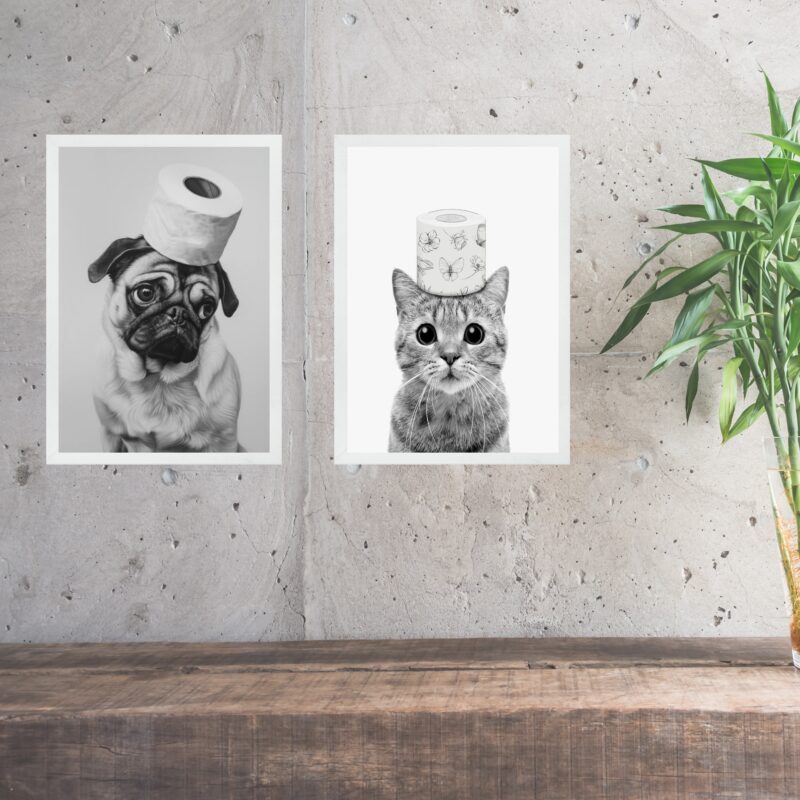 Kit 2 Quadros Divertidos Para Banheiro Cão e Gato