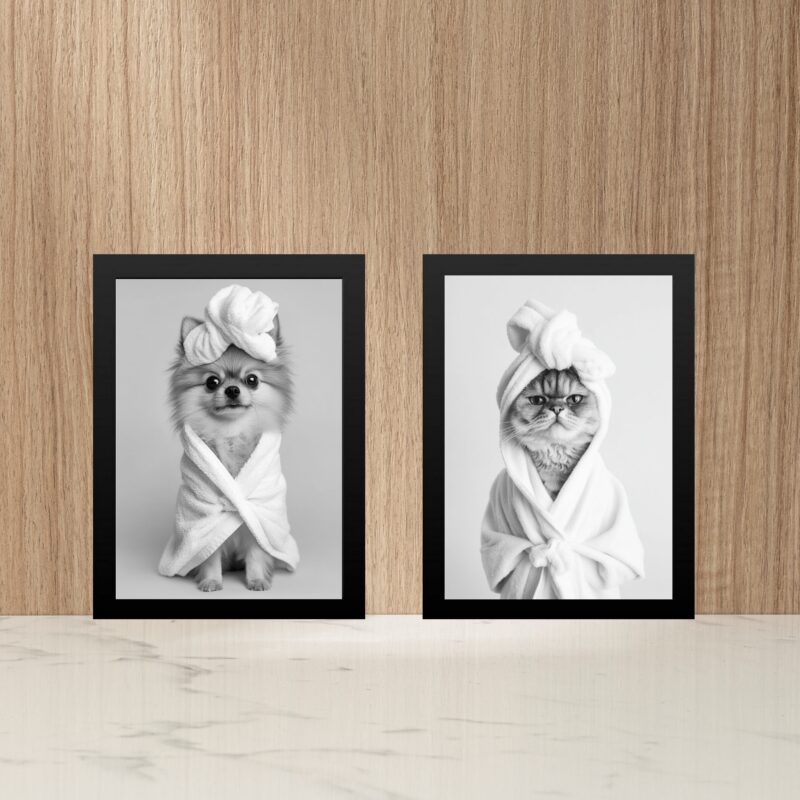 Kit 2 Quadros Divertidos Para Banheiro Gatinha e Cachorrinha