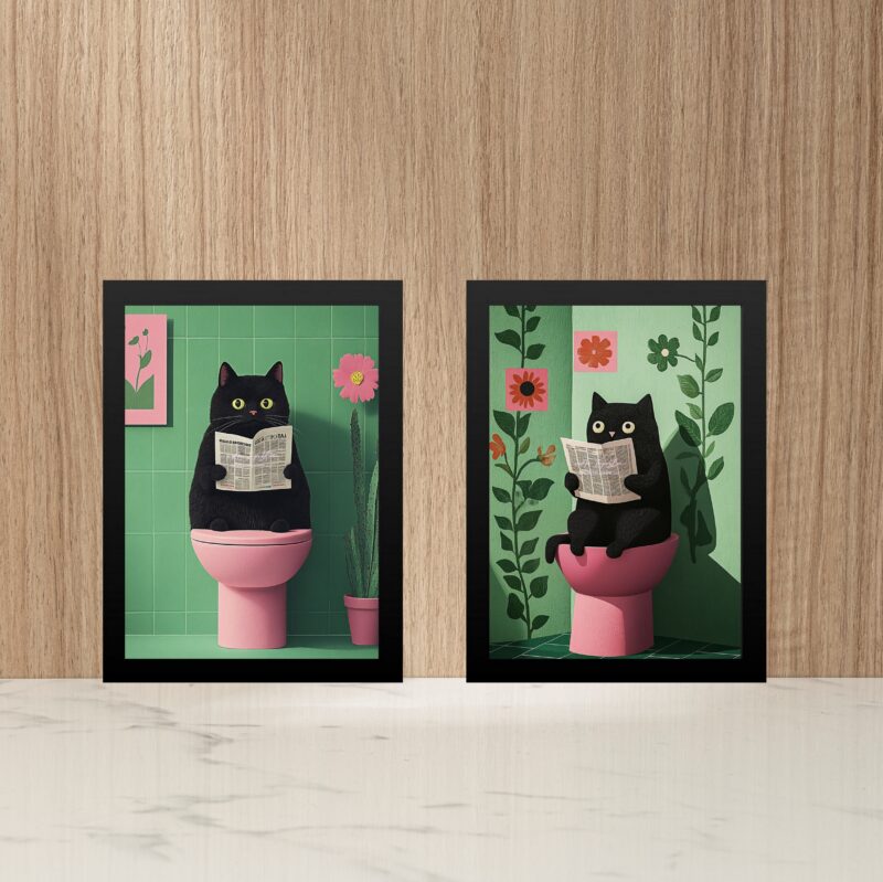 Kit 2 Quadros Gato No Banheiro - Verde e Rosa
