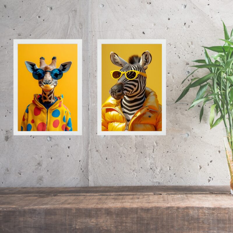 Kit 2 Quadros Girafa e Zebra Fashion De Óculos