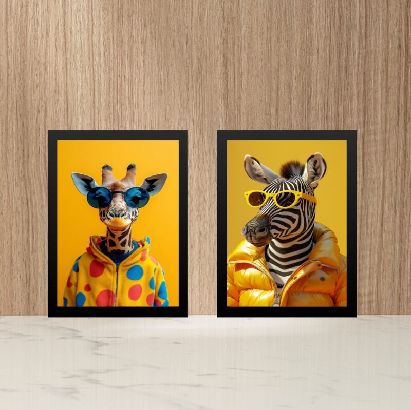 Kit 2 Quadros Girafa e Zebra Fashion De Óculos