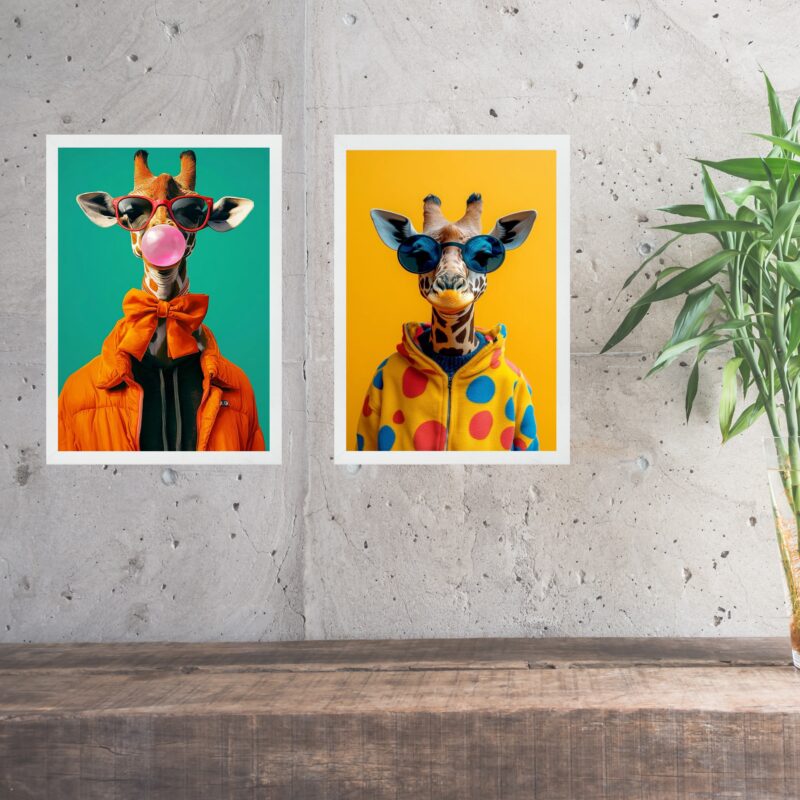 Kit 2 Quadros Girafas Modernas Coloridas Fashion