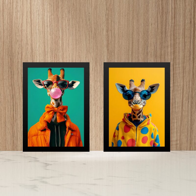 Kit 2 Quadros Girafas Modernas Coloridas Fashion
