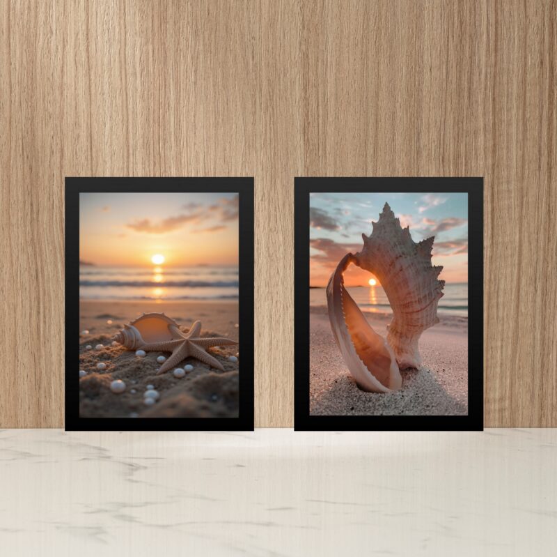 Kit 2 Quadros Praia - Conchas Pérolas Por do Sol