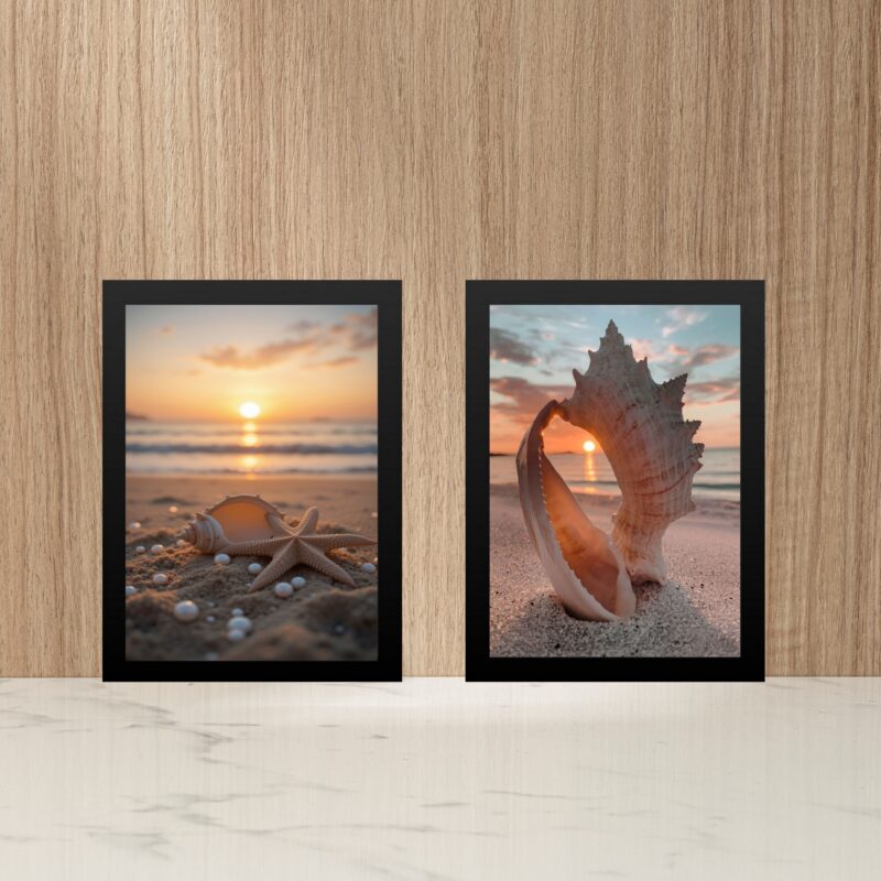Kit 2 Quadros Praia - Conchas Pérolas Por do Sol