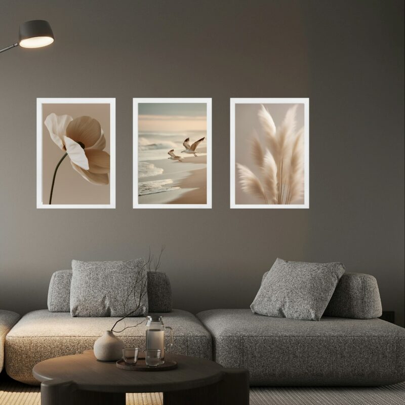 Kit 3 Quadros Fotos Suaves Bege Para Sala ou Quarto
