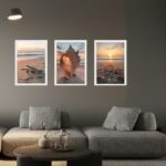 Kit 3 Quadros Praia Por Do Sol Conchas Tartaruga