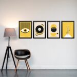 Kit 4 Quadros Artes Bauhaus Amarelo e Preto