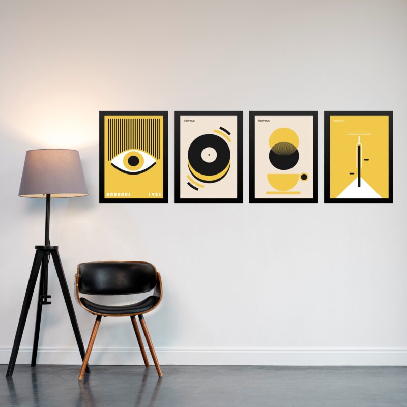 Kit 4 Quadros Artes Bauhaus Amarelo e Preto
