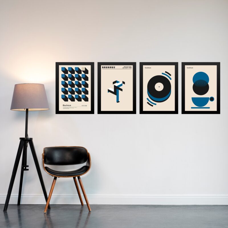 Kit 4 Quadros Artes Bauhaus Azuis e Bege