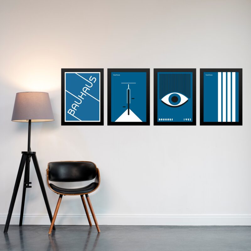 Kit 4 Quadros Artes Bauhaus Azuis e Branco