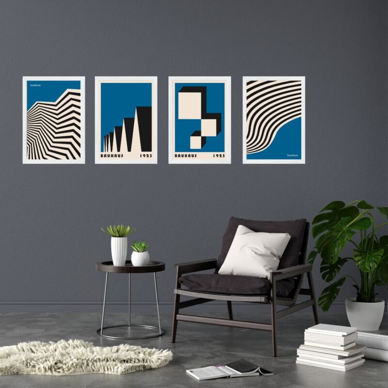 Kit 4 Quadros Artes Bauhaus Azuis e Preto